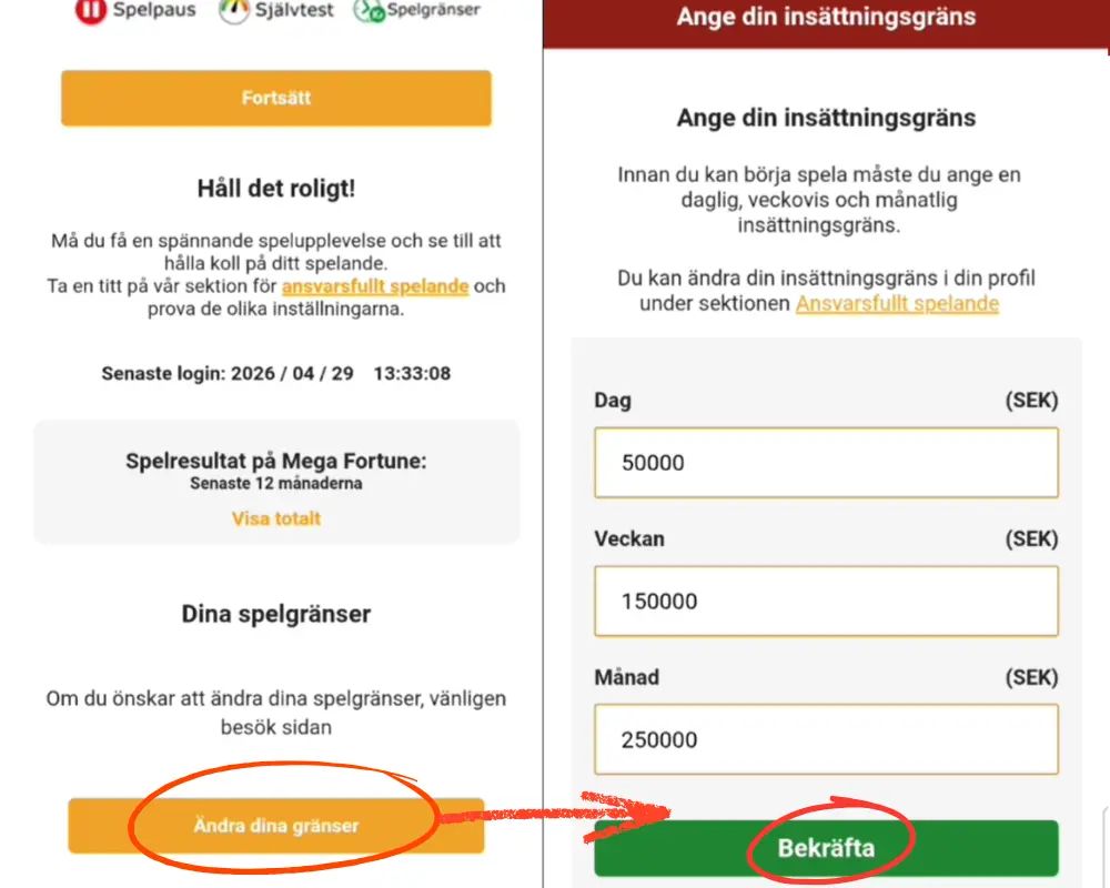 Registrering hos Mega Fortune, steg 4: ange insättningsgränser