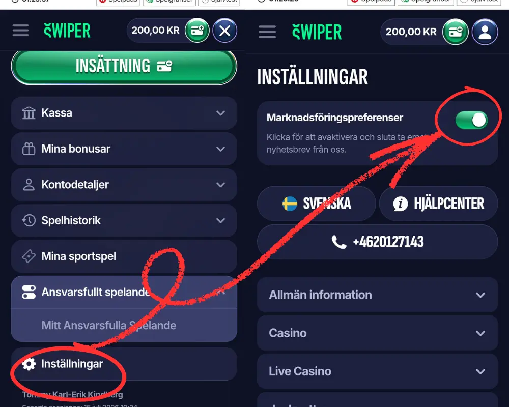 Inställningar för reklam och meddelanden från Swiper.