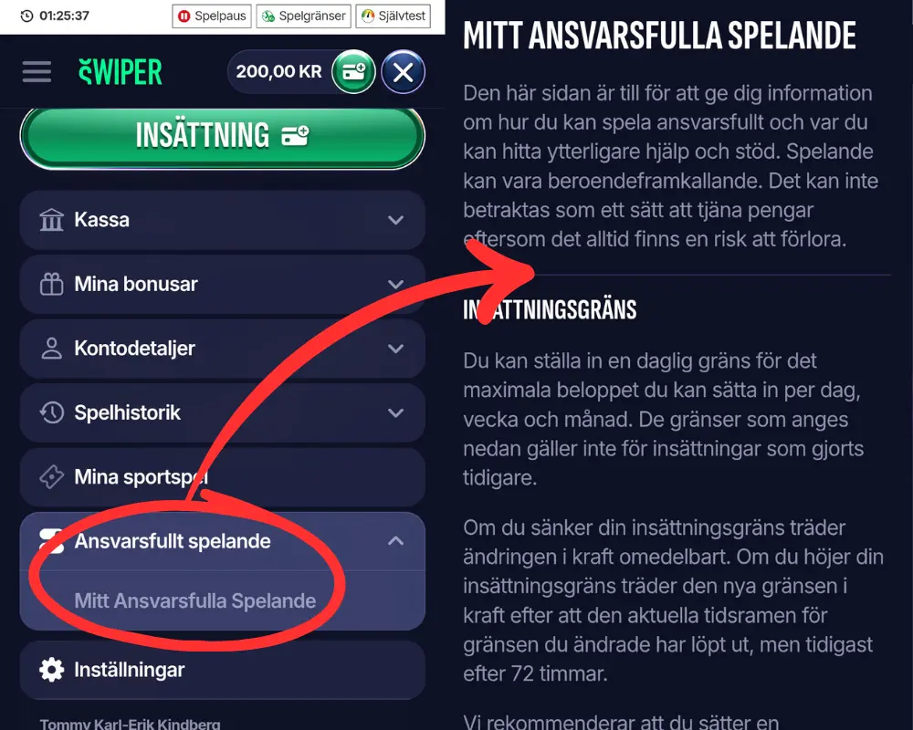 Sidan för ansvarsfullt spelande hos Swiper.