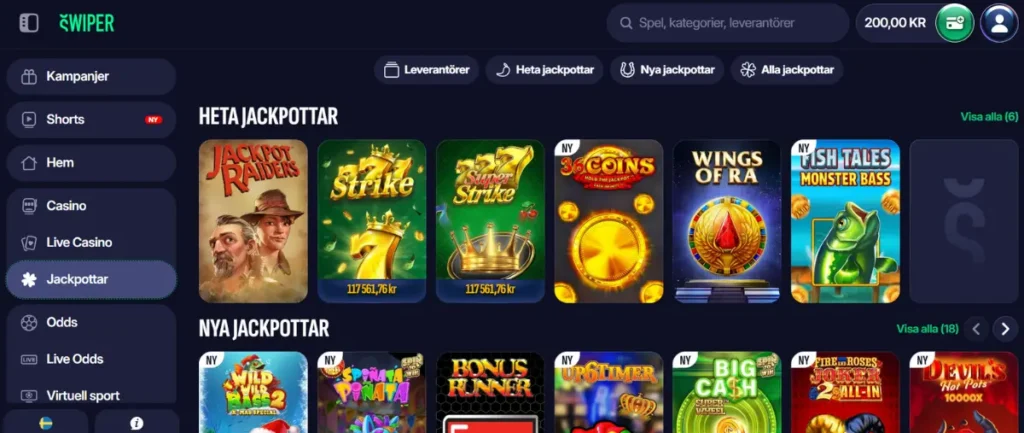 Alla jackpotspel hos Swiper.