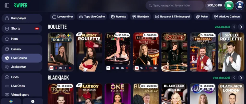 Live casinot hos Swiper.