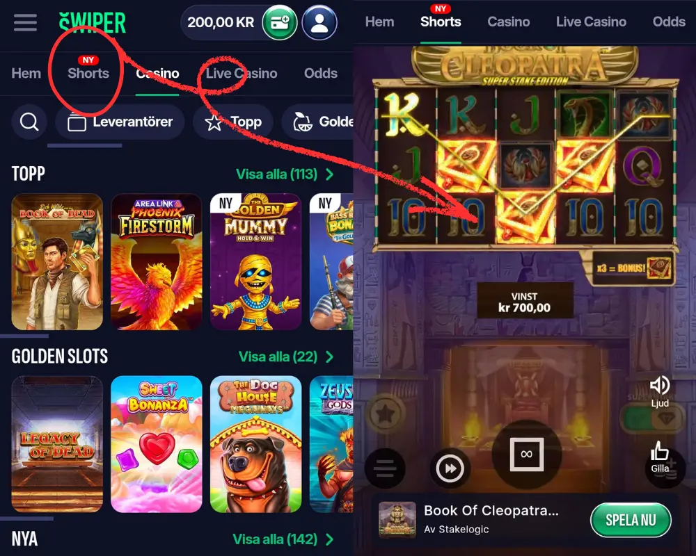 Swipers 'shorts' - korta videor med gameplay från slots.