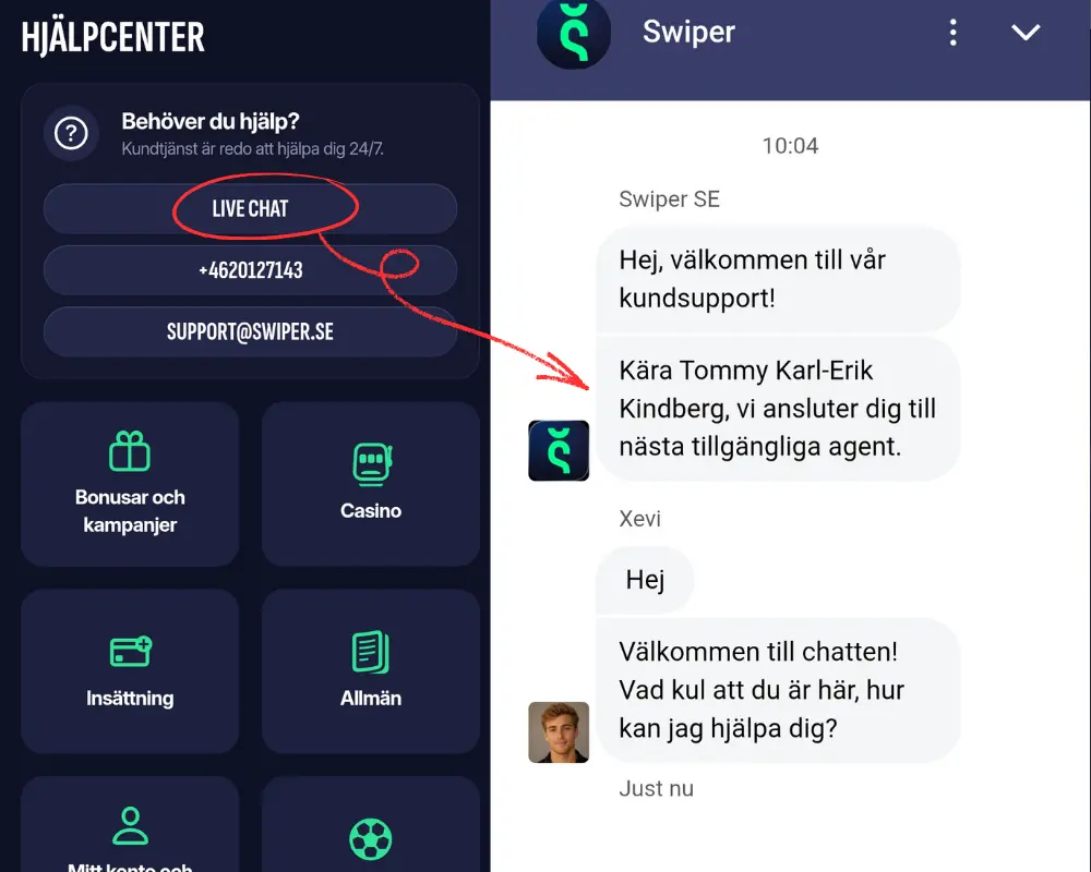 Hjälpcenter, FAQ och livechatt hos Swiper.