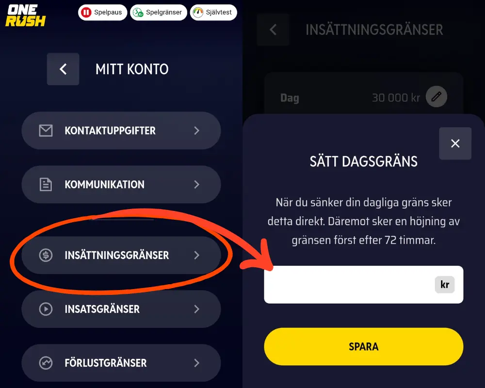Hur du ändrar insättningsgränser hos Onerush.