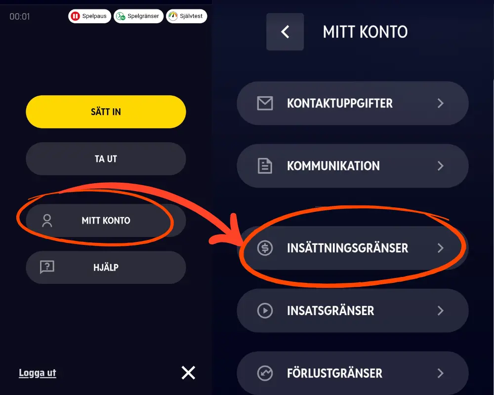 Hur du hittar insättnings- och tidsgränser hos Onerush.