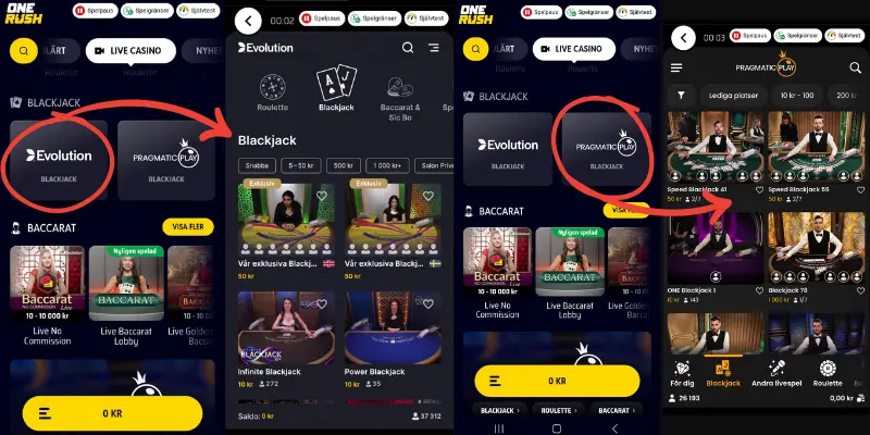 Live casinot hos Onerush och hur man når spelleverantörernas lobbies.