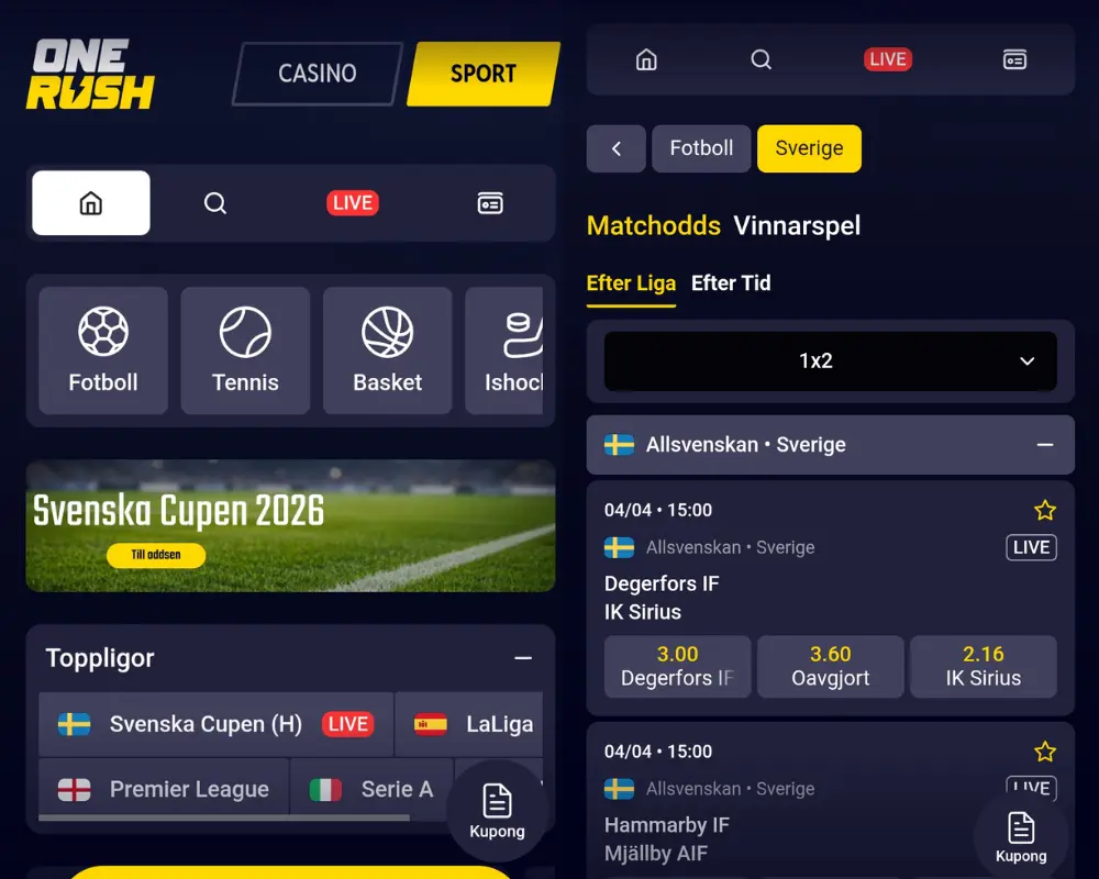 Sport och betting hos Onerush