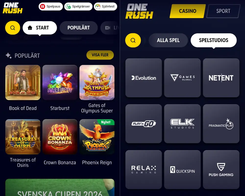 Hos Onerush kan du antingen använda dig av sökfältet, eller filtrera spelen efter spelleverantörer.