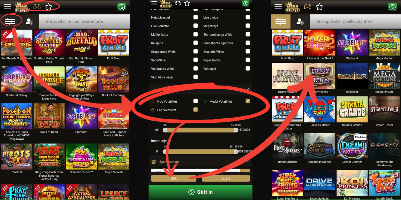 Hur man filtrerar efter volatilitet hos Mega Riches