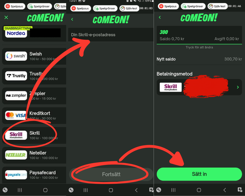 Insättning med Skrill hos ComeOn