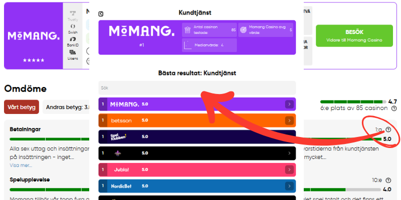 I listan som öppnas kan du se alla nätcasinos betyg