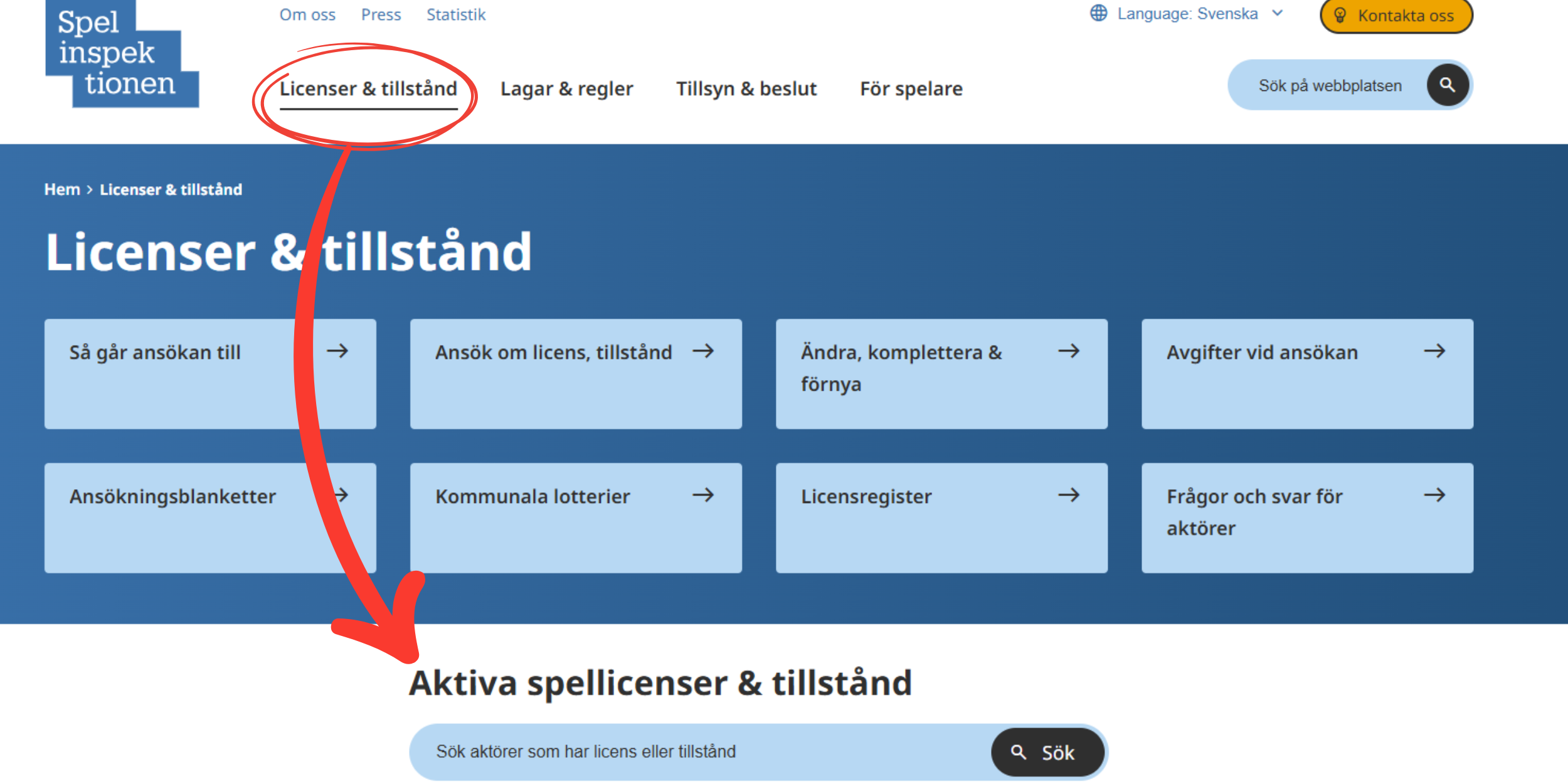 Att söka efter aktiva licenser hos Spelinspektionen