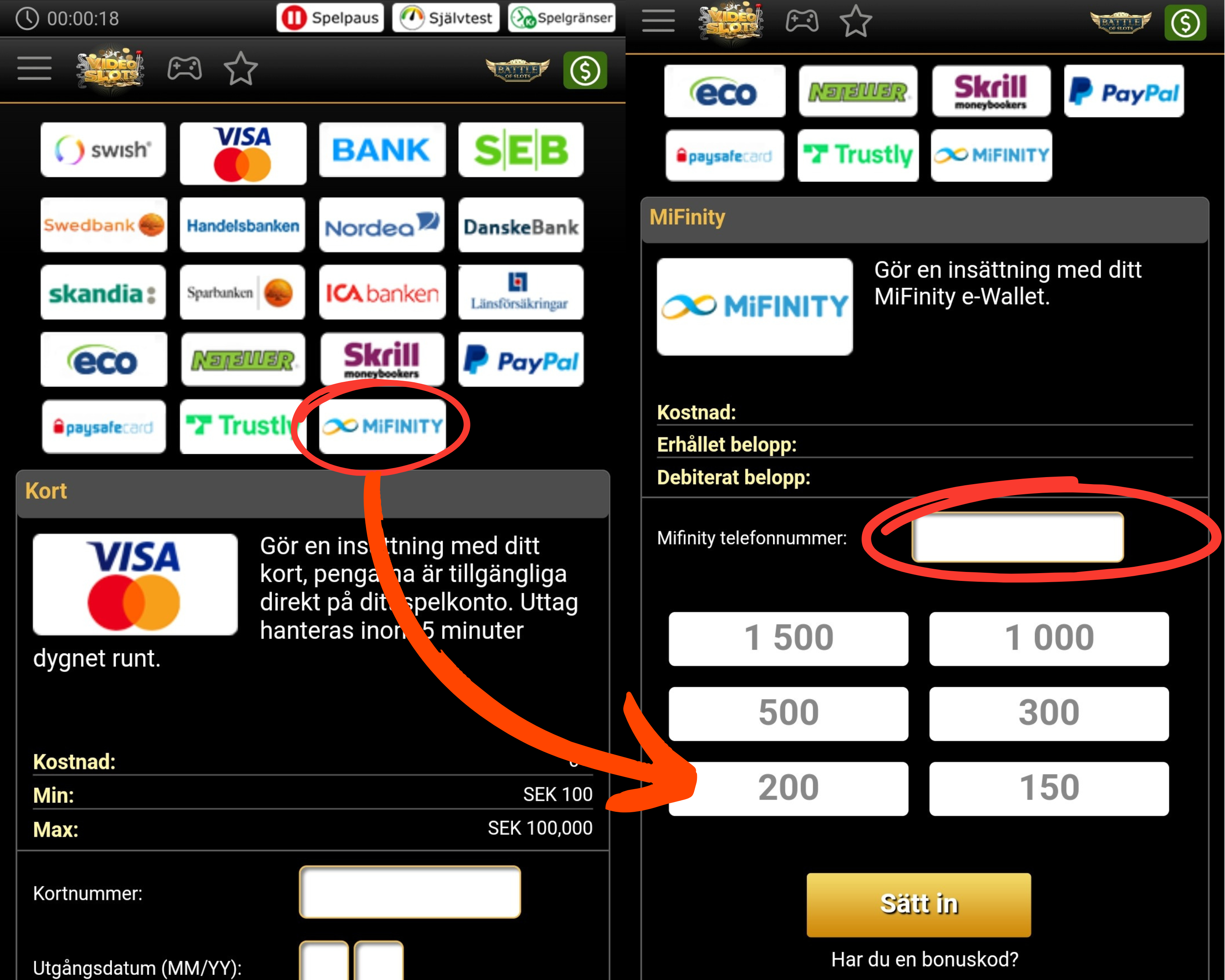 Hur man gör en insättning med MiFinity hos Videoslots