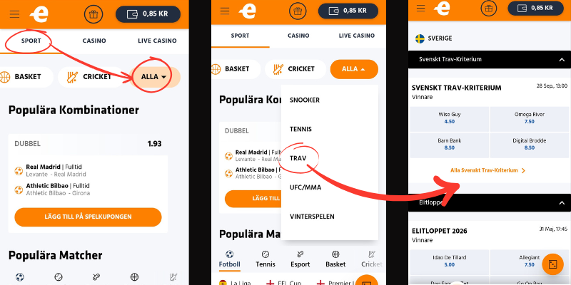 Hur man hittar trav och galopp hos Expekt