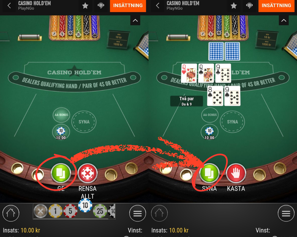 Vi väljer att syna efter att ha fått par i Casino Hold'em