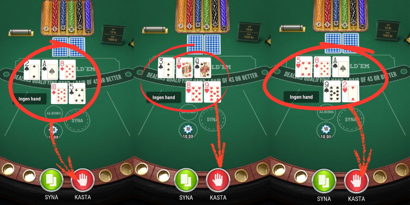 Exempel på händer i Casino Hold'em som kändes för riskabla, där vi valde att kasta