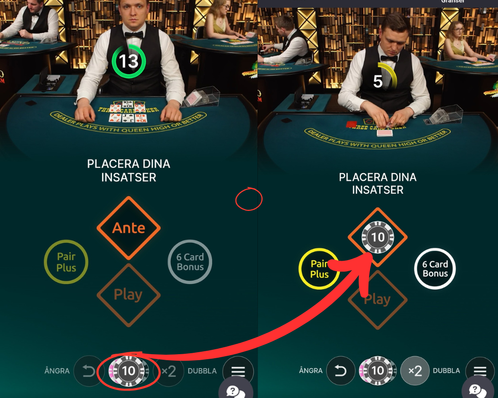 Live Three Card Poker - hur man lägger sin insats eller Ante