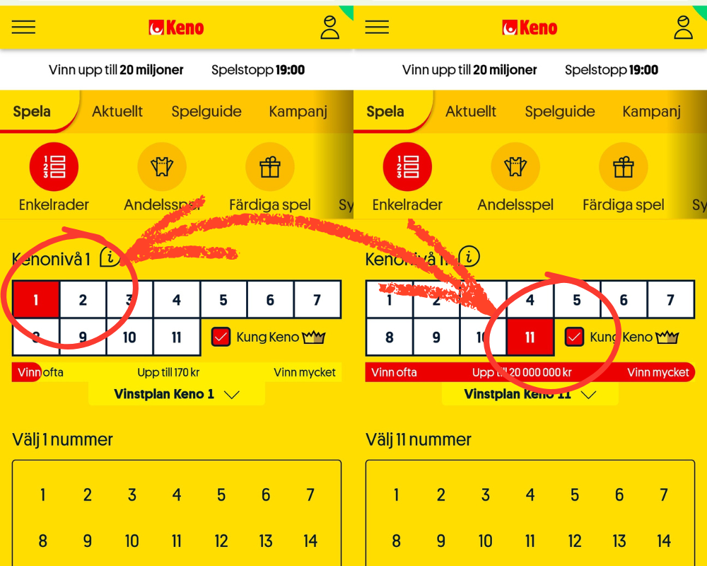Keno: hur man väljer antal nummer per rad