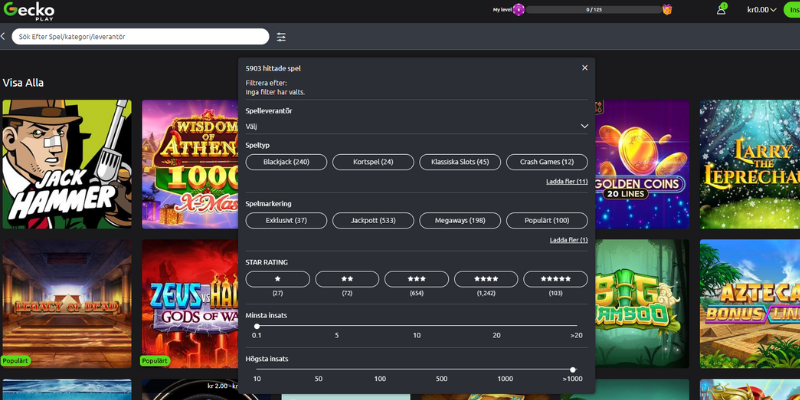 Spelfiltret hos GeckoPlay