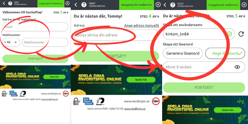 Hur man registrerar sig hos GeckoPlay: steg 3, 4 och 5.