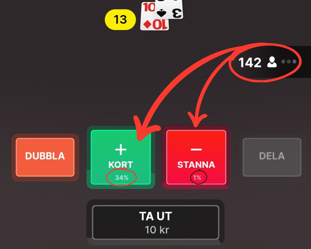 Du ser andra spelars drag i % precis som i Infinite Blackjack