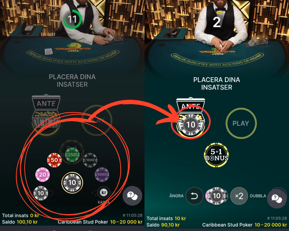 Live Caribbean Stud Poker: börja med att välja din insats och lägg din ante.