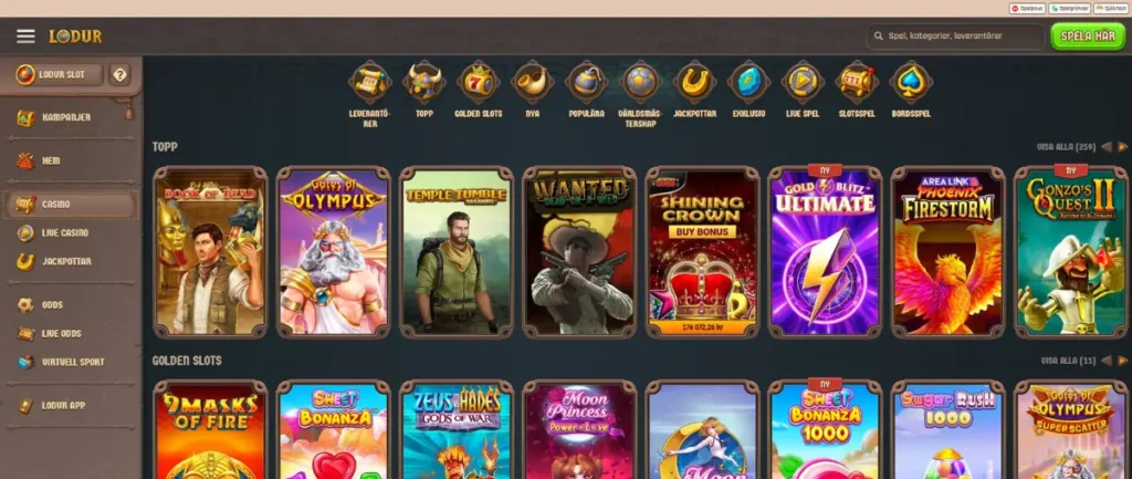 Casinolobbyn hos Lodur Casino.