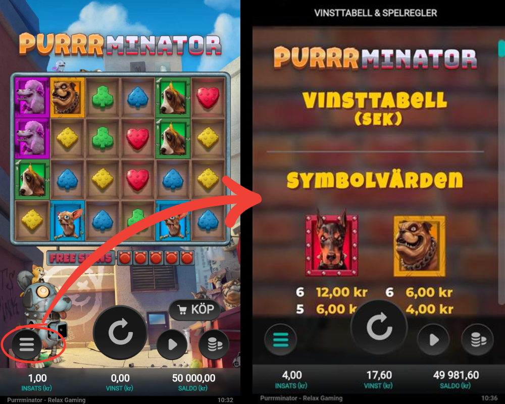 Hur man hittar information, RTP och vinsttabell i Purrrminator