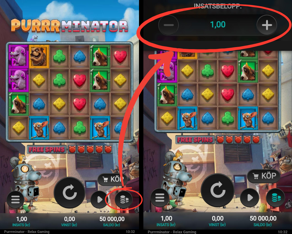 Hur man ändrar insatsen i Purrrminator från Relax Gaming