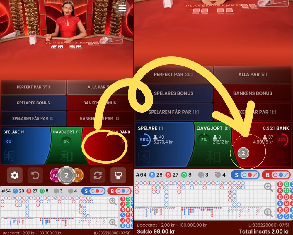 Placera din insats på spelare, oavgjort eller bank