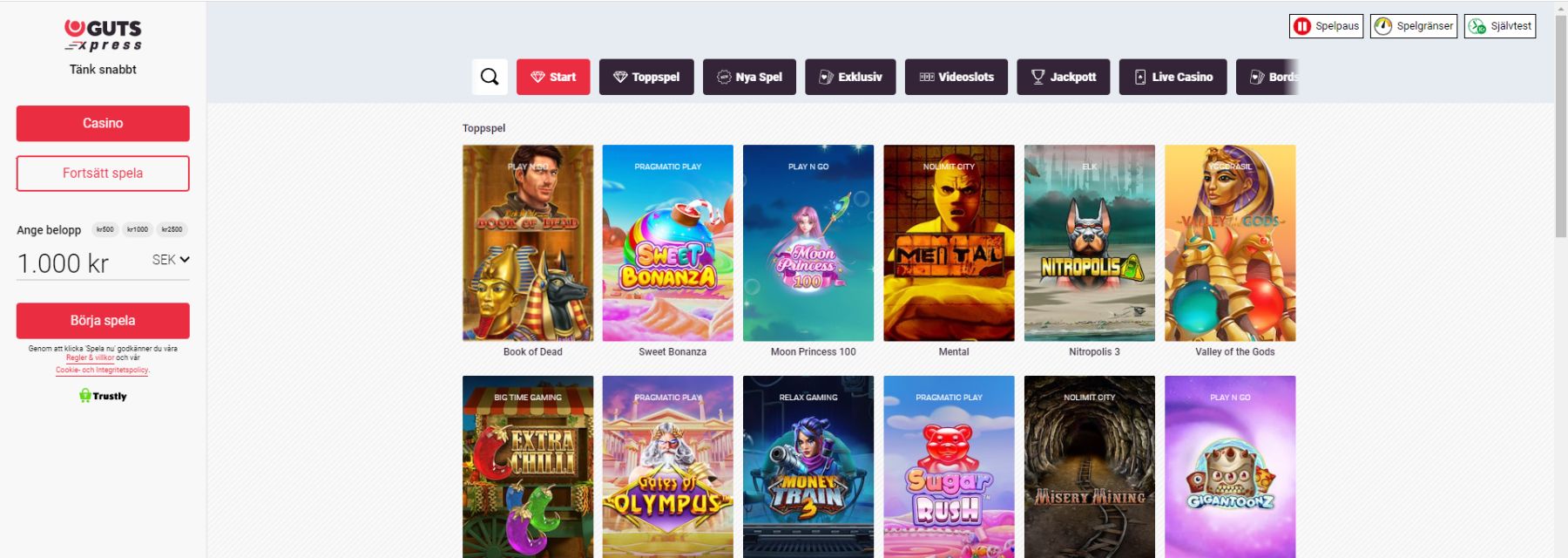 Spelutbudet hos Guts Xpress