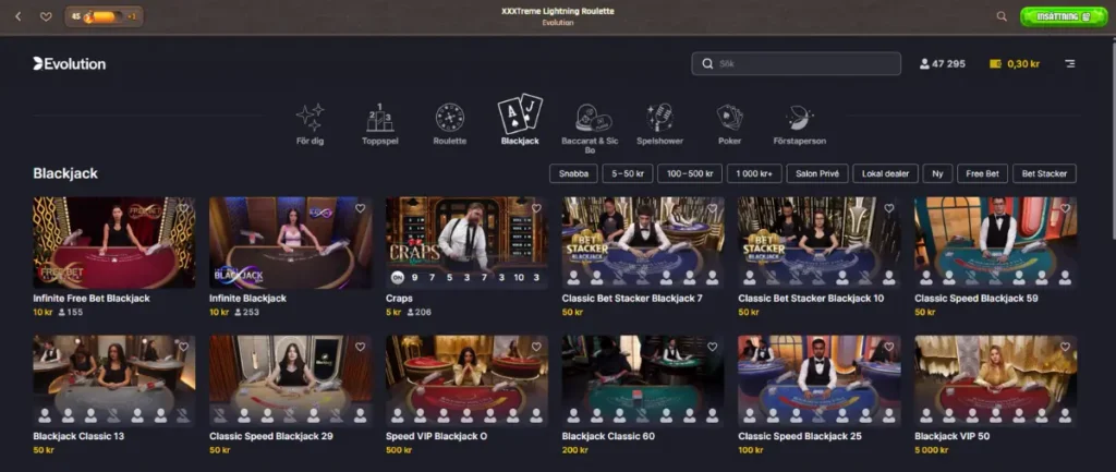 Evolutions lobby hos Lodur Casino