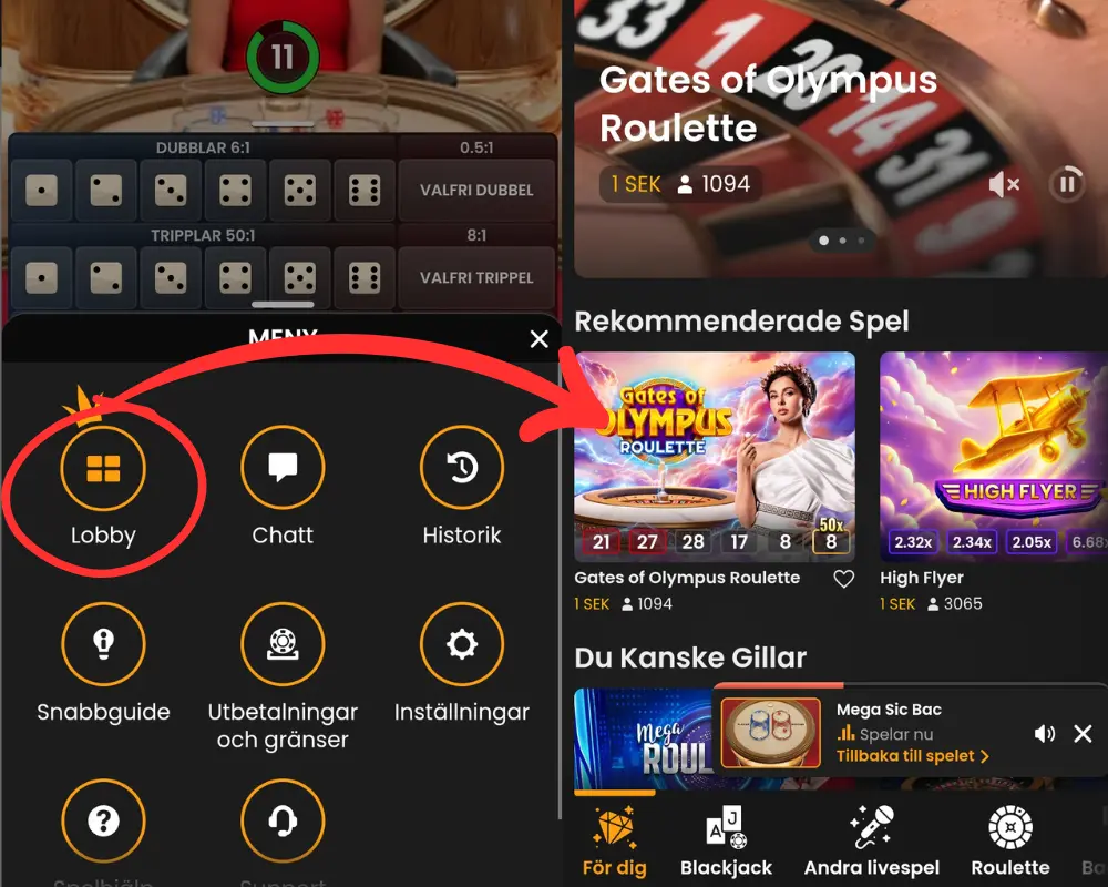 Här går vi från Pragmatic Plays Mega Sic Bo till Pragmatic Plays lobby.