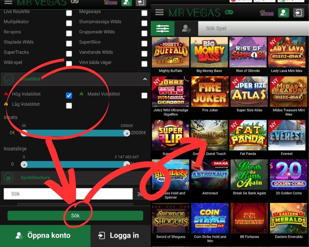 Sökresultaten hos Mr Vegas, filtrerat efter volatilitet
