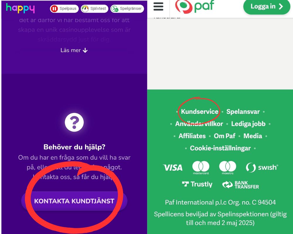 Paf och Happy Casino support