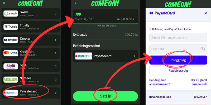 Insättning med Paysafecard hos ComeOn