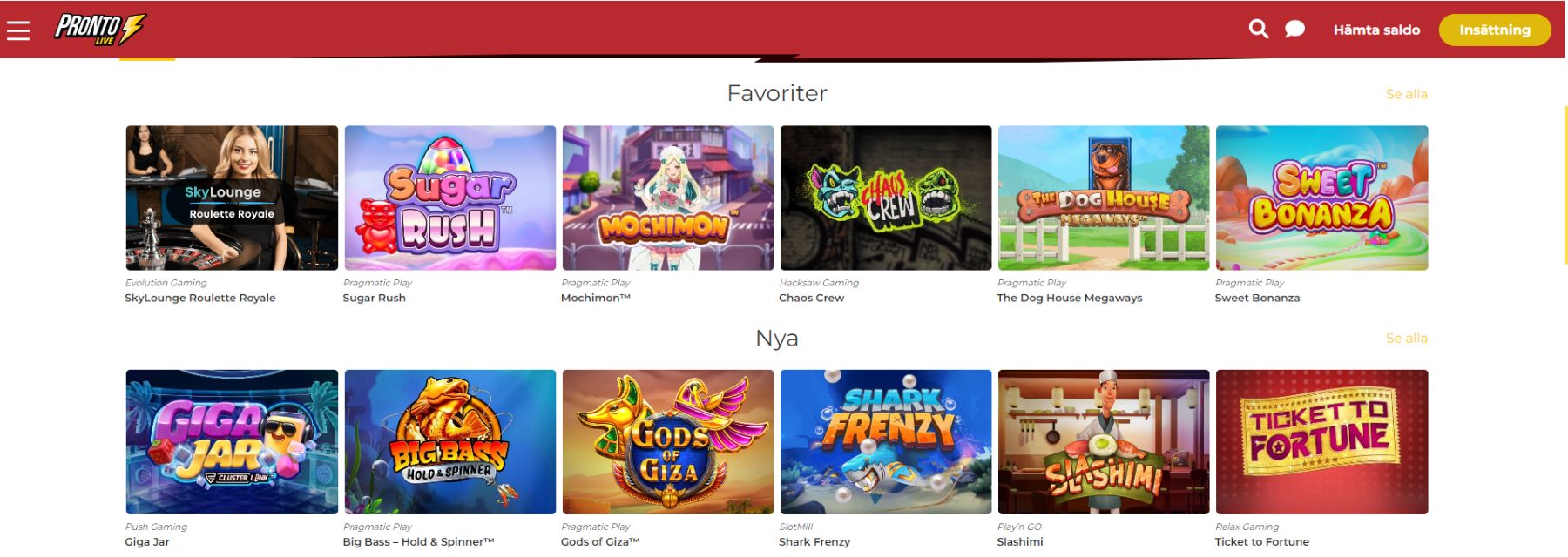 Pronto live spelutbud