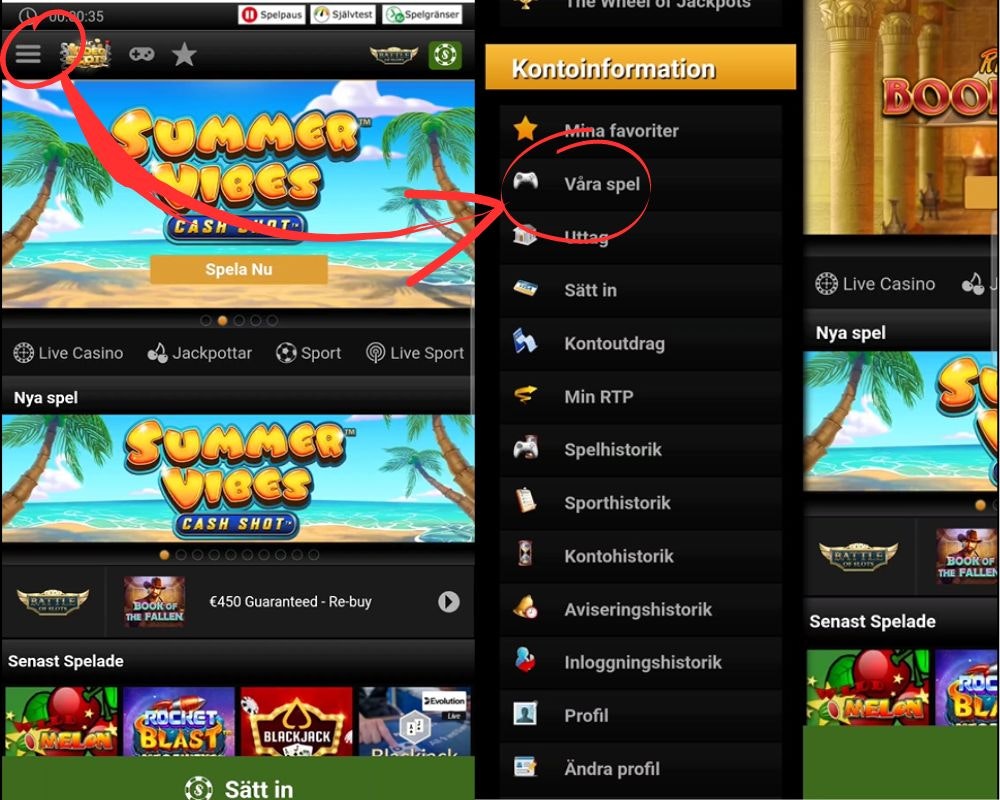 Här filtrerar vi slots och videoslots i filtersystemet