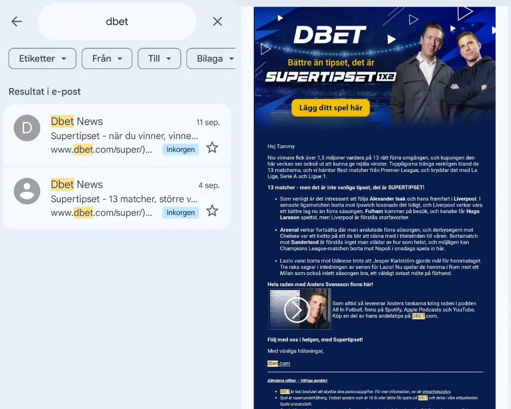 Reklam via e-post från DBet.