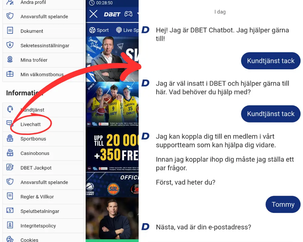 Vart du hittar livechatten hos DBet.