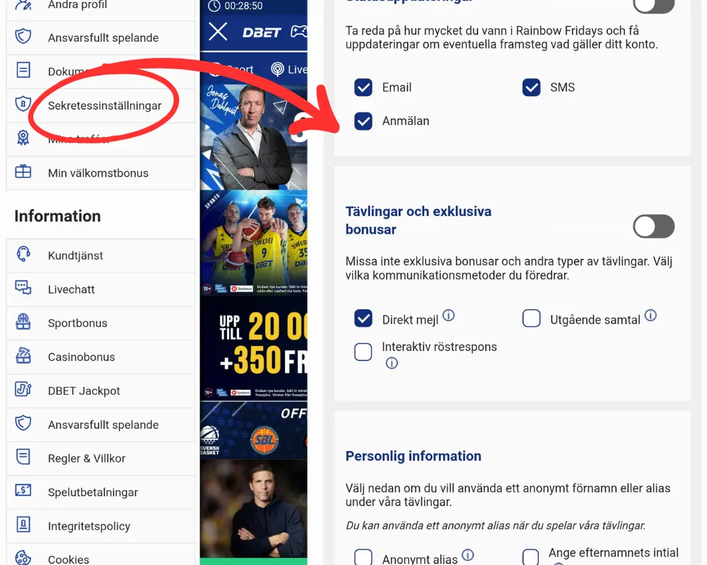 Inställningar för spelreklam från DBet.