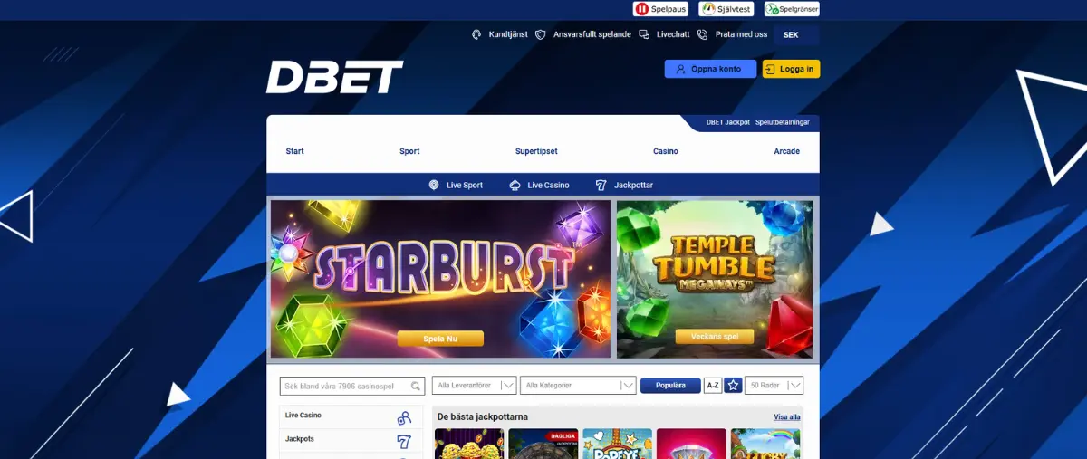DBets casinolobby och spelutbud.
