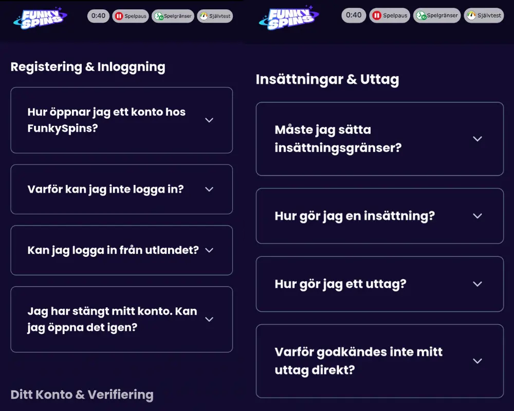 Funky Spins FAQ och support.