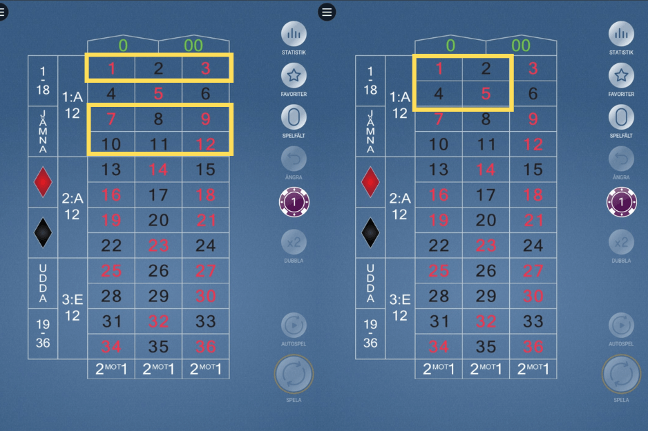 Amerikansk roulette - satsa på gata, dubbel gata och hörn