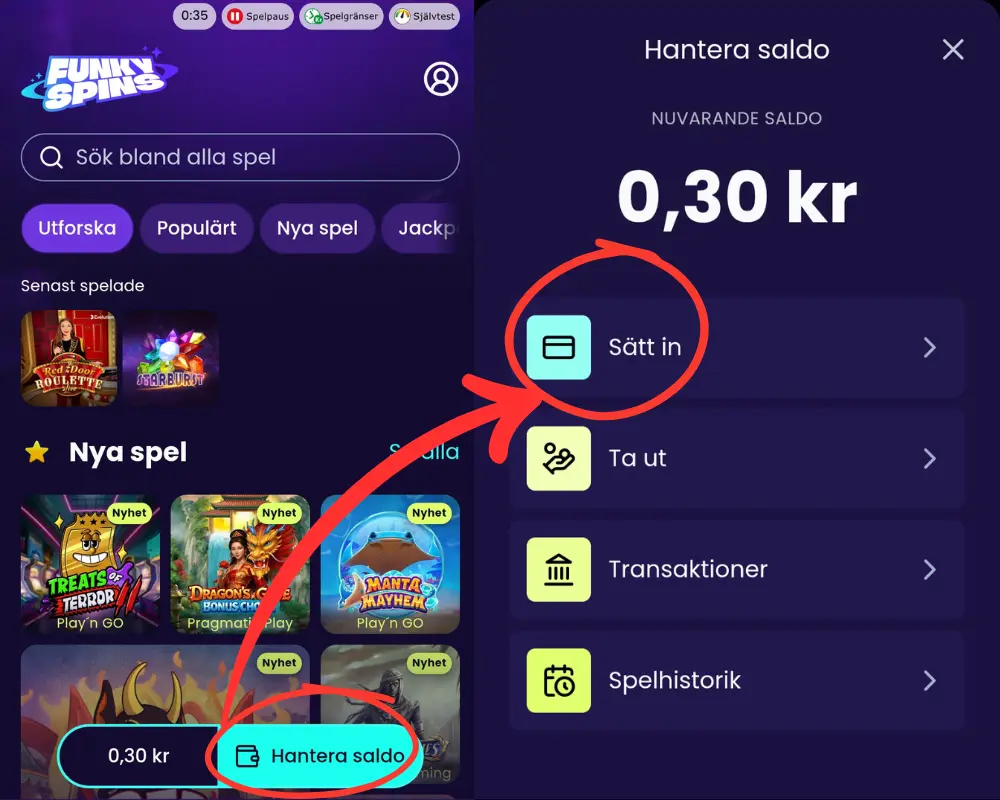 Hur du gör en insättning hos Funky Spins.