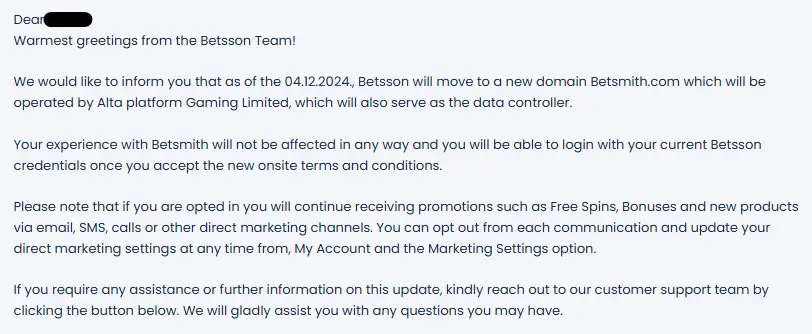 E-mail från Betsson till sina norska kunder.