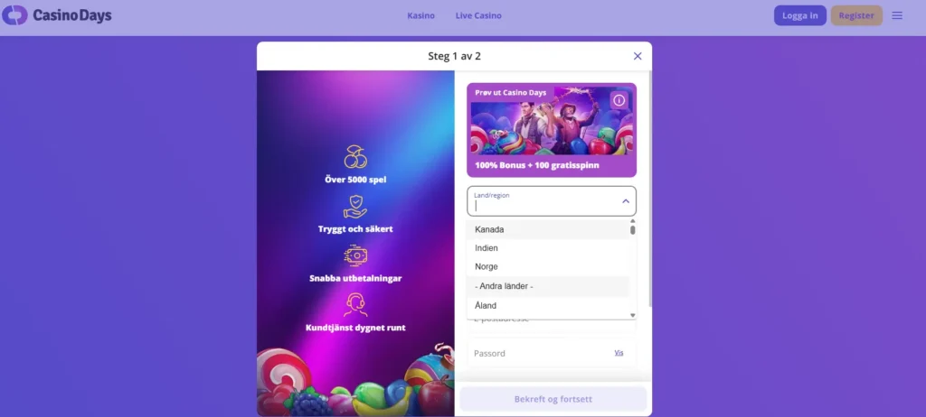 CasinoDays verkar rikta sig främst mot Kanada, Indien och Norge.
