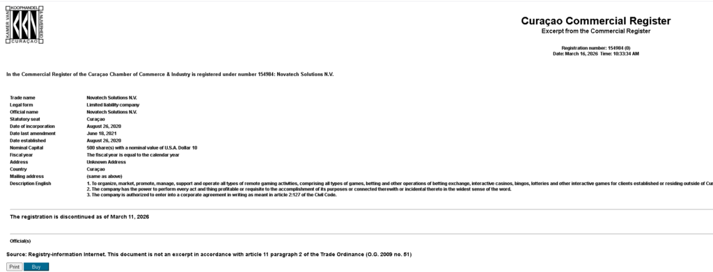 Curaçaos bolagsregister visar att Novatech Solutions N.V. upplöstes samma dag som böterna offentliggjordes.