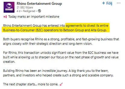 Inlägg från Rhino Entertainment Groups LinkedIn gällande förvärvet