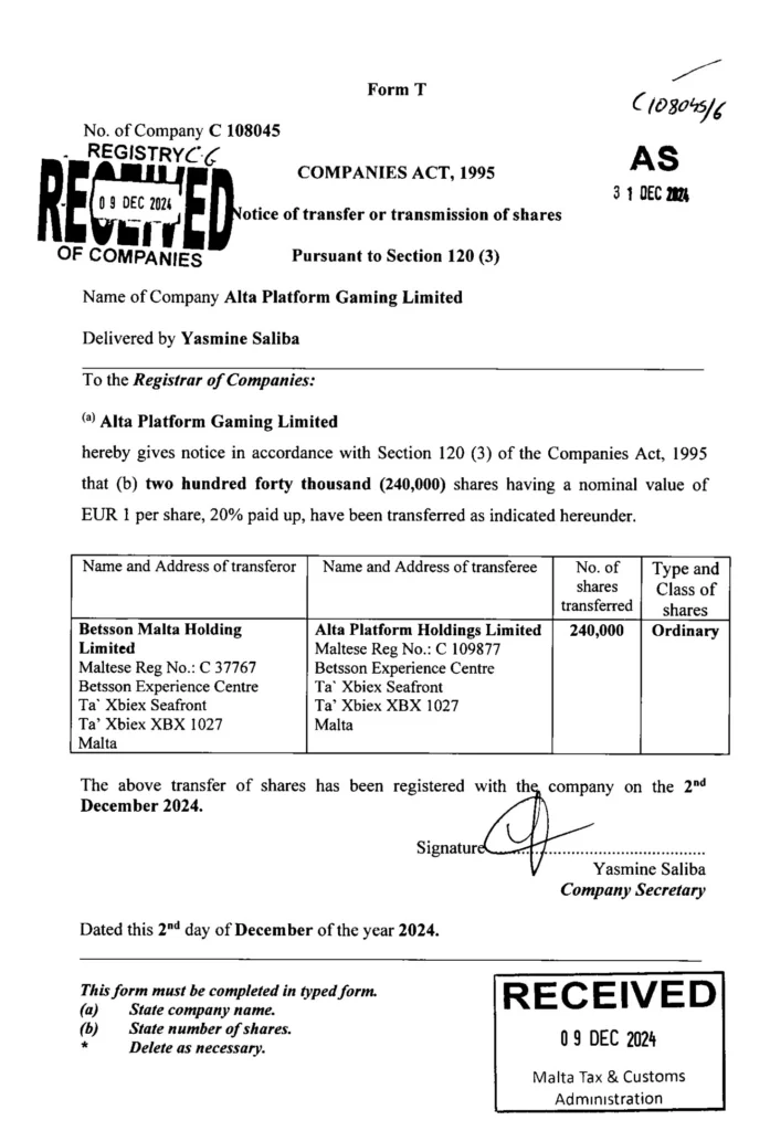 Avtals om visar att Alta Platform Gaming Limited blir det nya bolaget bakom Betsson